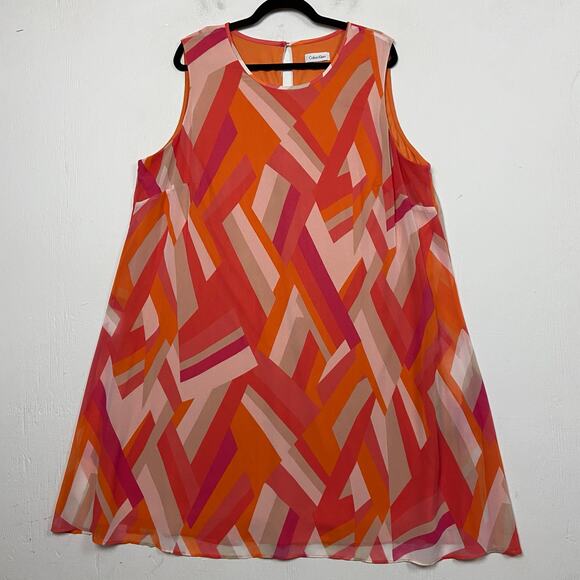 Calvin Klein Women's Watermelon Pink Geometric Georgette Shift Dress Size 20W - Picture 3 of 12